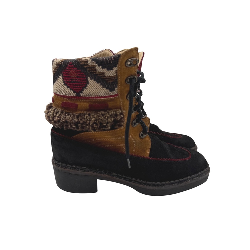 Vicini Suede Ankle Boots Women 38 7.5 Black Tan Excellent Southwest Faux Fur